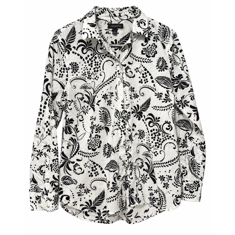Talbots Womens L Black White Floral Paisley Cotton Button Down Shirt Long Sleeve